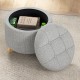 Round gray upholstered ottoman with storage space, cushioned seat, and solid rubber feet for versatile use.