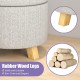 Upholstered round ottoman with solid rubber wood legs, gray linen fabric, offering storage and comfort for versatile.