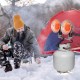 Dual head outdoor heater with 30000 BTU, portable for camping, featuring two burners and safety shut-off valve.