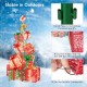 Stacked lighted Christmas gift box tower with 450 warm white lights, featuring metal base and 8 ground stakes for.