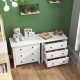 Three-drawer white dresser chest with a smooth surface, perfect for bedroom storage and easy access to essentials.