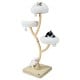 Three soft perches on a 70-inch tall beige cat tree with dangling balls, perfect for lounging and observing.