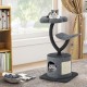 Cat tree featuring a cozy top perch, curved design, and sisal scratching board, perfect for lounging and play.