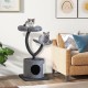 Gray cat tree showcasing a private condo and dangling ball, designed for cats to relax, play, and scratch comfortably.