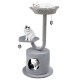 Three-tier gray cat tree with cozy top perch, private condo, and sisal scratching board for playful relaxation.