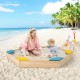 Outdoor solid wood sandbox with 6 built-in fan-shaped seats, perfect for kids aged 3+, on a beach setting.
