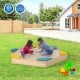 Outdoor solid wood sandbox with 6 built-in seats, perfect for kids aged 3+, featuring a bottomless design for drainage.