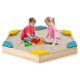 Hexagonal outdoor solid wood sandbox with 6 built-in fan-shaped seats, perfect for kids' play and safe use.