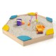 Hexagonal outdoor solid wood sandbox with built-in seats, featuring sand and colorful toys for kids aged 3+.