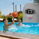 Wall-mounted basketball set with shatterproof backboard and solid metal rim, perfect for family games by the pool.