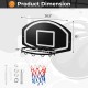 Wall-mounted basketball set dimensions showing a black backboard, metal rim, and tear-proof net for indoor and outdoor.