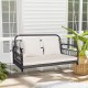 Two-person outdoor hanging chair in gray with soft cushions, suitable for porch or garden, featuring durable PE wicker.