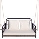 Two-person outdoor hanging chair in gray with soft cushions, suitable for porch or garden relaxation.