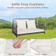 2-person outdoor hanging chair with gray PE wicker and soft cushions, perfect for garden or porch relaxation.