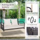 2-person outdoor hanging chair in gray with soft cushions, durable PE wicker, and flexible hemp ropes for versatile.