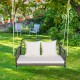Two-person outdoor hanging chair in gray with soft cushions, perfect for relaxing in the garden or backyard.