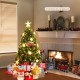 Prelit 4 ft fiber optic Christmas tree with warm white lights, featuring a metal base and surrounded by festive gifts.