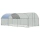 Large metal chicken coop with galvanized steel frame and waterproof cover, ideal for outdoor use and animal safety.