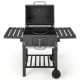 Outdoor BBQ charcoal grill with foldable side tables, wheels, and a built-in temperature gauge for easy grilling.