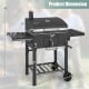 Dimensions of the outdoor BBQ charcoal grill with foldable side tables, wheels, and adjustable charcoal pan for easy.