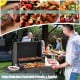 Outdoor BBQ charcoal grill with foldable side tables, large cooking area, and wheels for easy transport and grilling.