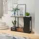 Console table with faux marble top and plant positions, featuring a black powder-coated metal frame for entryway decor.