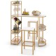 3-piece bar table set with a golden frame, featuring a wide table, two stools, and multiple storage shelves for.