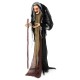 Life-size animatronic witch with red eyes and posable arms, perfect for indoor or outdoor Halloween decorations.