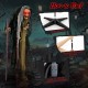 Life-size animatronic witch with red eyes, posable arms, and installation guide for indoor or outdoor Halloween decor.
