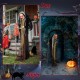 Life-size animatronic witch with red eyes and posable arms, perfect for Halloween decor in indoor or outdoor settings.