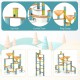 Bamboo marble run set with curved tracks, funnels, and rings for creative play and learning in kids' rooms.