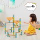 Bamboo marble run set with funnels and rings, ideal for kids 4+, promoting creativity and hands-on fun in playrooms.
