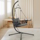 Gray hanging swing chair with stand, featuring soft cushions and a stable X-shaped structure for indoor and outdoor use.