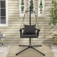 Hanging swing chair with gray cushions and metal stand, ideal for indoor and outdoor relaxation.