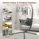 Gray hanging swing chair with stand, featuring soft cushions and a reinforced metal frame, ideal for indoor and outdoor.