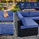 L-shaped outdoor wicker conversation set with navy cushions, featuring smooth zippers and a durable PE rattan design.