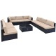 10-piece outdoor wicker conversation set in beige with cushions, featuring a tempered glass tabletop for stylish.