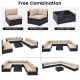 10-piece outdoor wicker conversation set featuring beige cushions, including corner and armless sofas, and a coffee.