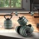 Adjustable 4 in 1 dumbbell set with foam grip, 16 weight plates, and stable base for versatile home workouts.