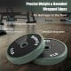 Close-up of 6 lb and 5.5 lb weight plates with rounded edges and anti-slip PVC edging for safe home workouts.
