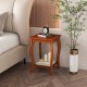 Square end table in walnut finish with sturdy rubber wood legs and a bottom shelf for storage, perfect for small spaces.