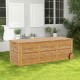 Rolling patio wooden deck box with slatted design, made of acacia wood, ideal for outdoor storage in backyard or garden.