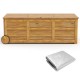 Rolling patio wooden deck box with slatted design, 48-gal capacity, and wheels for easy outdoor storage.