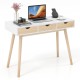 Computer desk with three drawers, solid rubber wood legs, and a wide surface for home office organization and elegance.