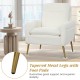White sherpa accent armchair with gold metal legs, slanted backrest, and non-slip foot pads for living room comfort.