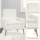 White sherpa modern accent armchair with gold metal legs, featuring a slanted backrest and ergonomic armrests for.