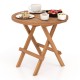 Round patio folding coffee table made of teak wood, featuring a slatted tabletop, ideal for picnics and outdoor use.