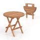 Round patio folding coffee table made of teak wood with slatted tabletop, perfect for picnics and outdoor use.