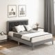 Full-size platform bed with high velvet headboard, wooden slats, and cozy design for comfortable sleeping.