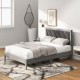 Full size platform bed with high velvet headboard, wooden slats, and cozy design for comfortable sleep and storage.